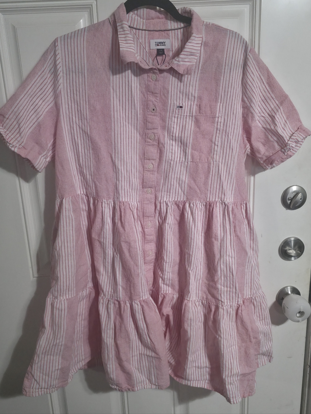 Tommy Jeans Pink White Striped Shirt Dress Linen Cotton Short Sleeve L/G
